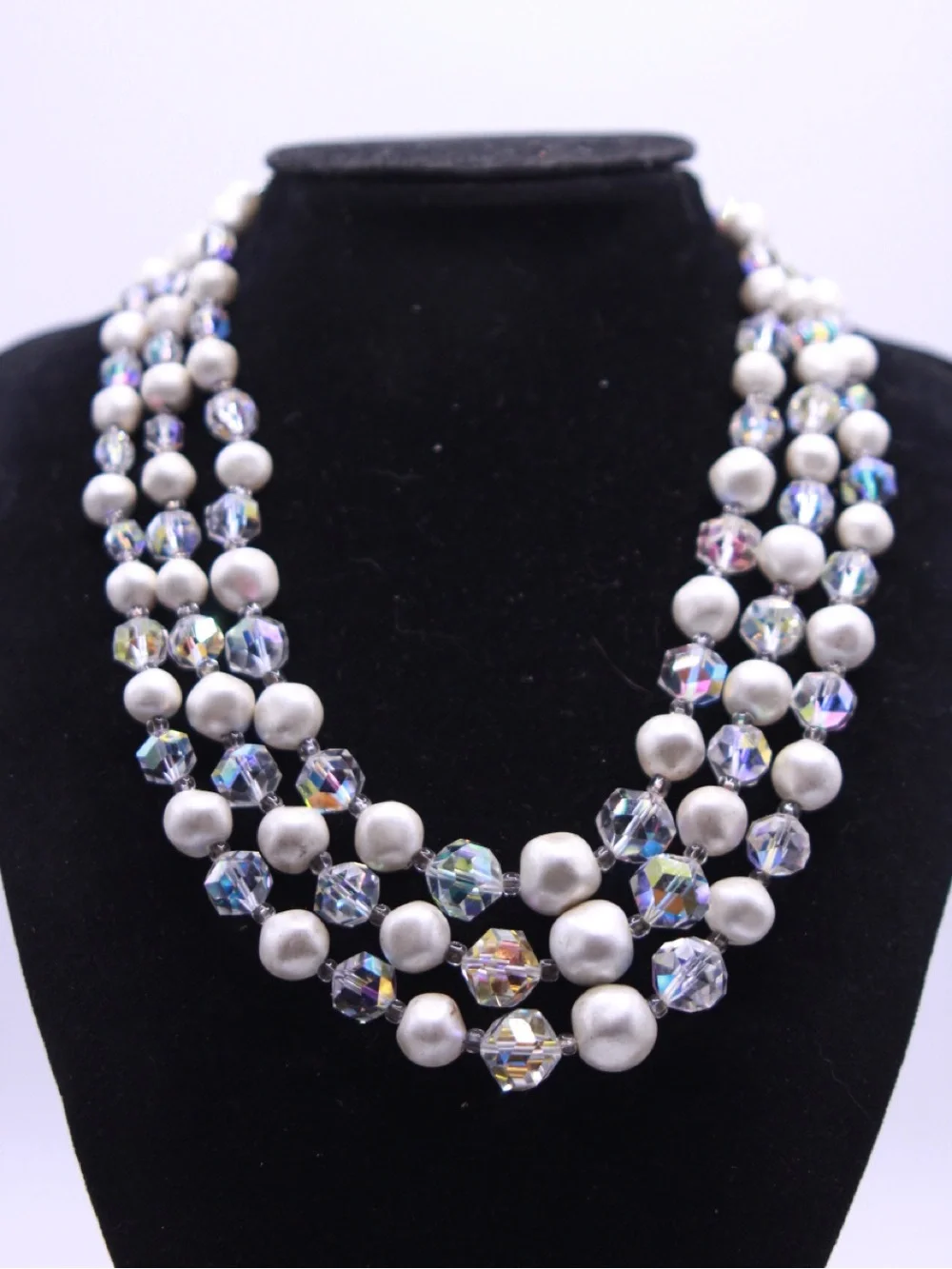 Vintage Laguna Multi-Strand Faux Pearl and Aurora Crystal Necklace